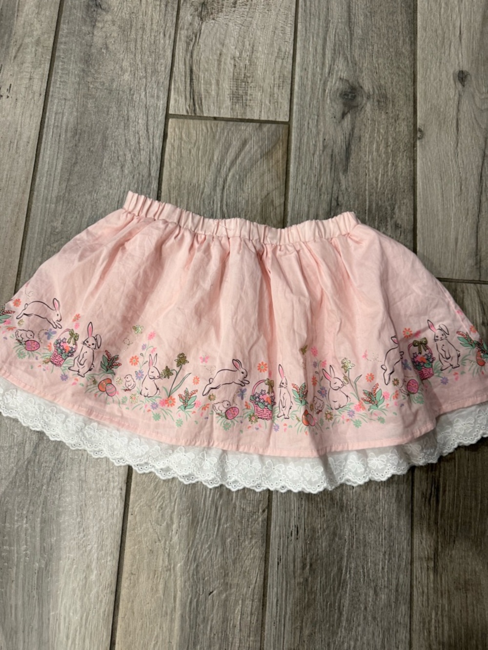 Pink  Easter/Bunny Print Tiered Skirt with Lace Trim